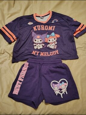 Kuromi x My Melody Purple Cropped Jersey Tee & Shorts Set